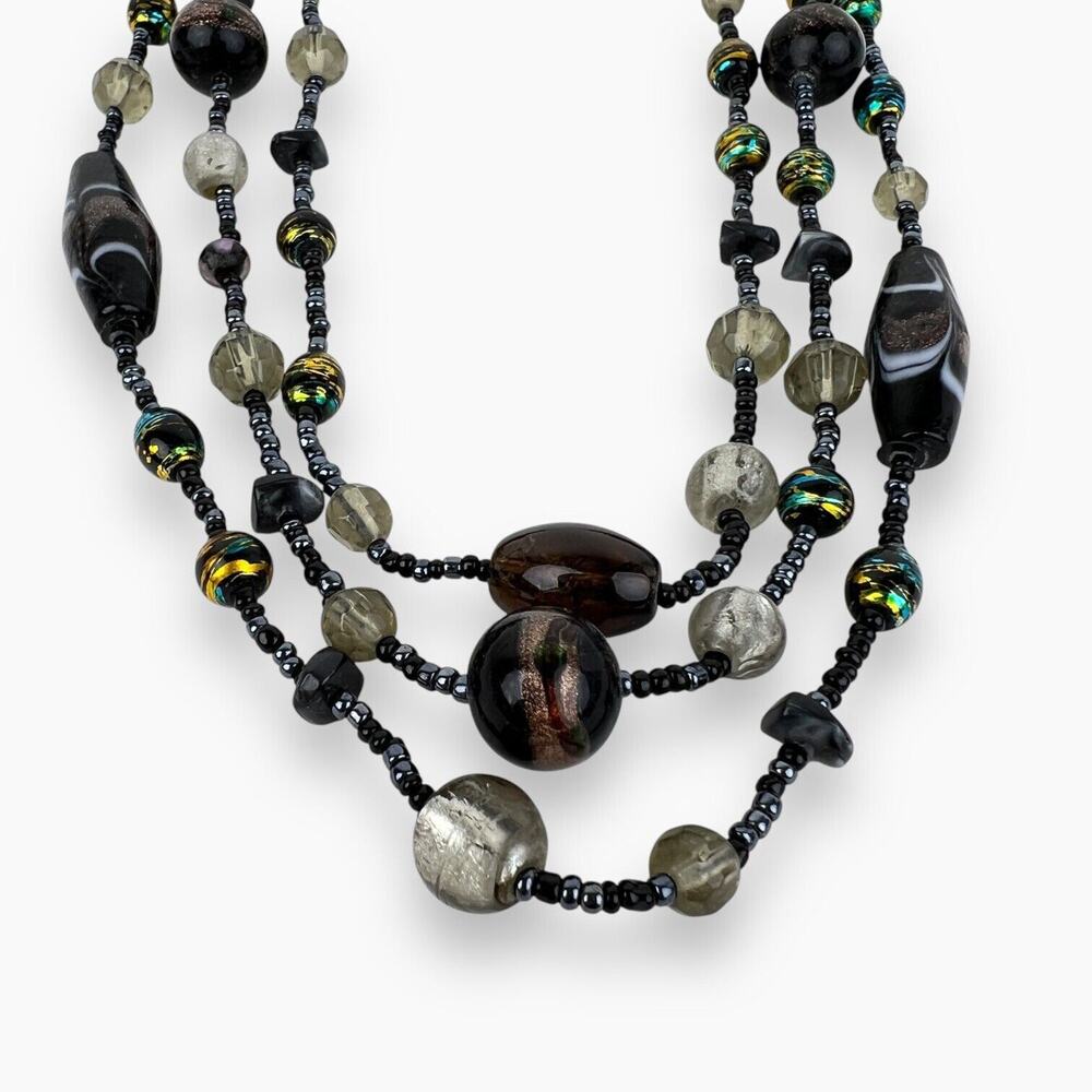 Vintage EsMor Beaded Necklace 3 Strand Brown Silver Copper Blue Sparkle Earthy